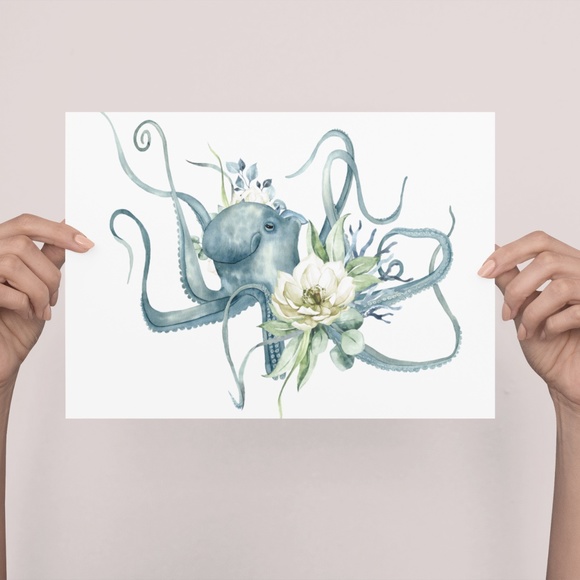 Watercolor Floral Octopus Wall Art Illustration Print Poster Card Unframed - Picture 3 of 7